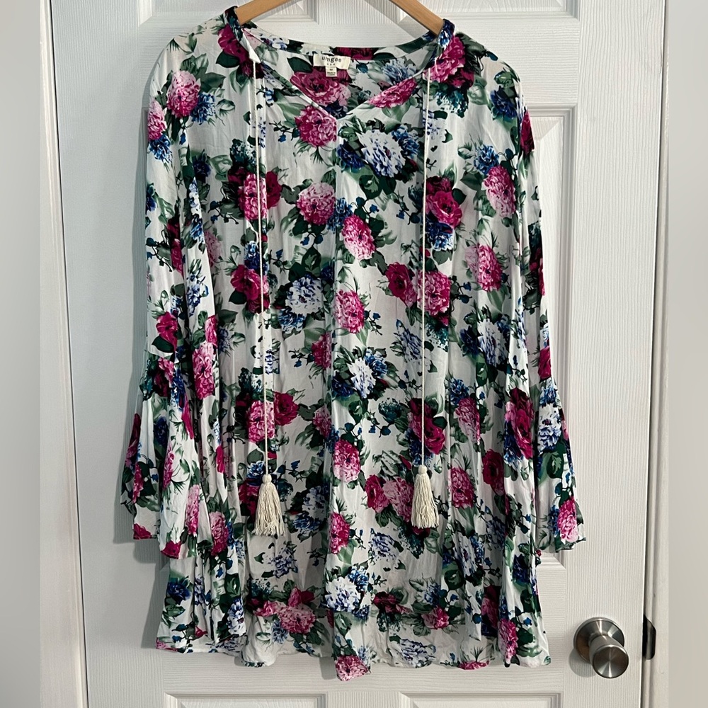 Umgee Floral Pink 3/4 Ruffled Sleeve Blouse Tunic Loose Size Medium